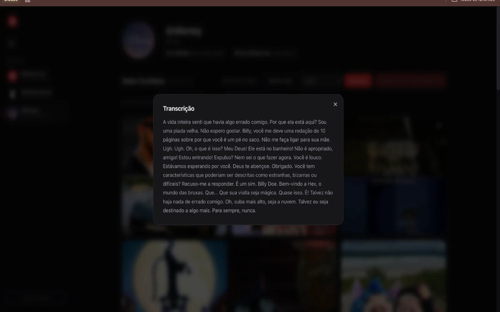 Modal do X9 exibindo a transcrição de um reel